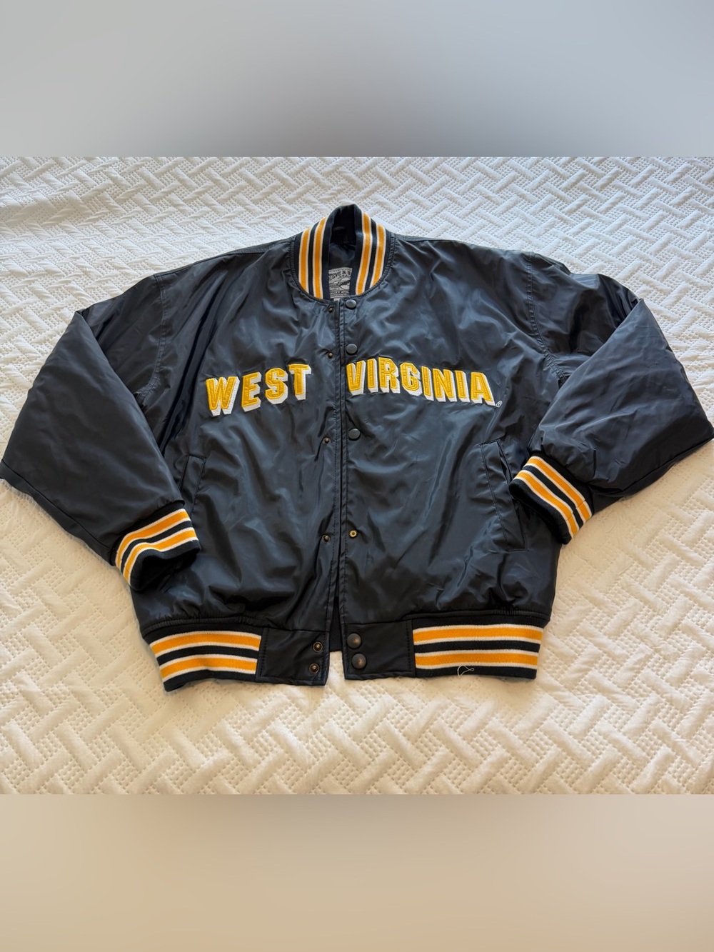Vintage West Virginia University Bomber Jacket Size L on Steve and Barry’s Tag